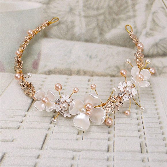 Accessories - Pearl Flower Bead Leaves Gold tone Crown PG0429